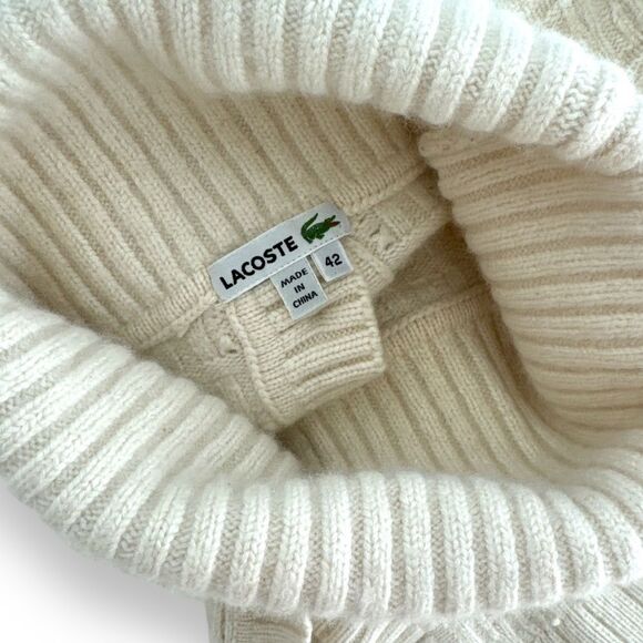 LACOSTE Cable Knit Cowl Neck Cream Sweater Back Buttons‎ Wm Sz 6 Med Bell… - Picture 4 of 11